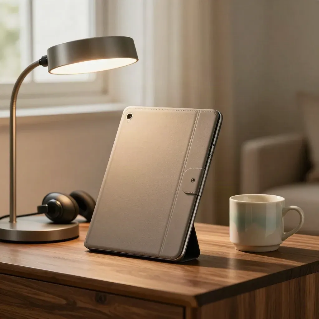 Angolo telemedicina con tablet chiuso, cuffie wireless, lampada e tazza su tavolino caldo.