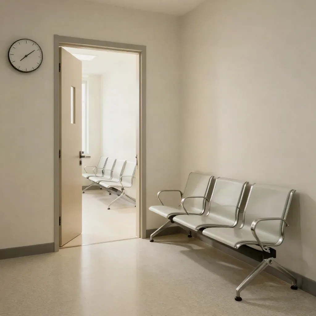 Corridoio di clinica con porta aperta, orologio e file di sedie vuote in attesa della visita.