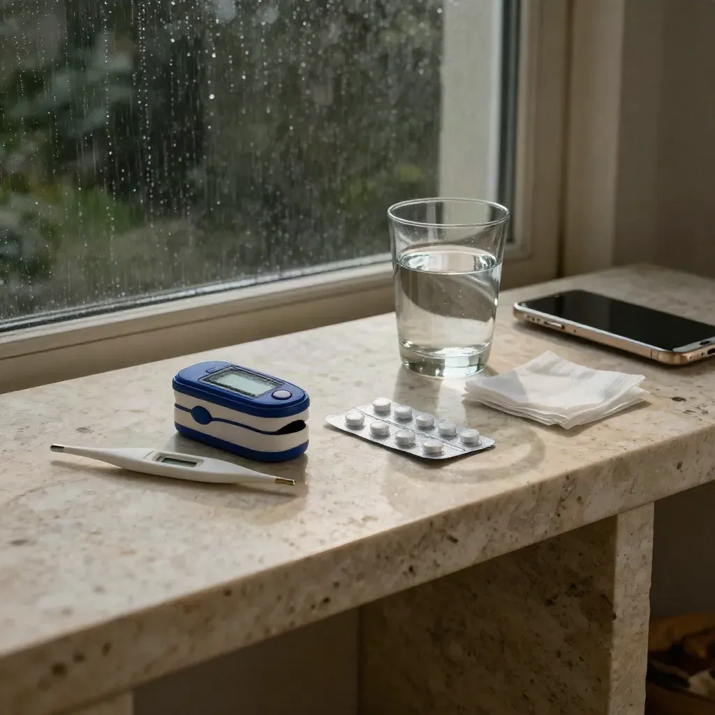Kit di triage domestico su console in pietra con pulsossimetro, termometro e bicchiere d’acqua.