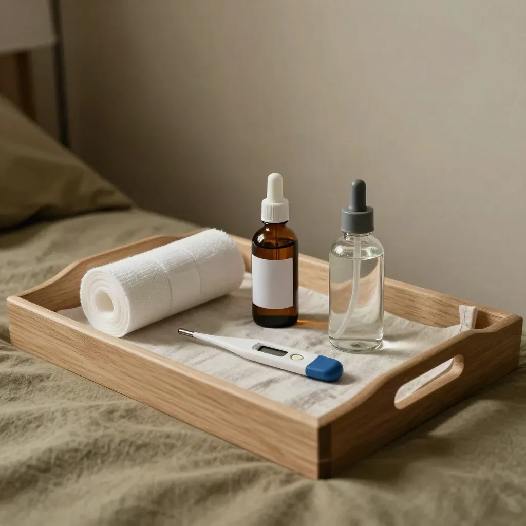 Kit per cure a casa sul comodino, con termometro, garza, benda e luce soffusa della lampada.