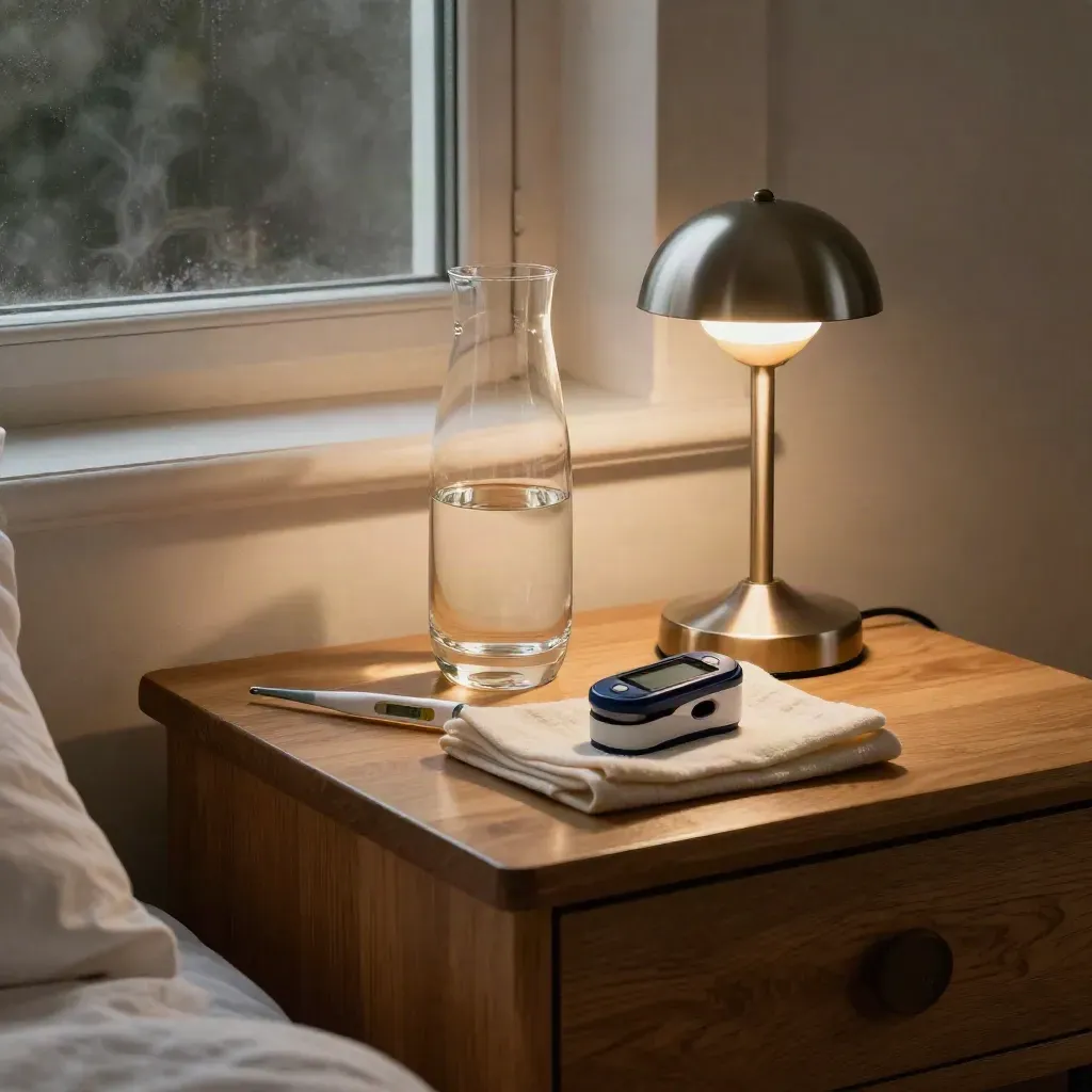 Comodino notturno con termometro, caraffa d’acqua e saturimetro sotto una lampada calda
