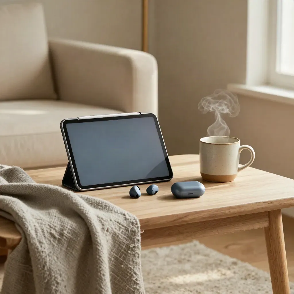 Set telemedicina con tablet chiuso, auricolari, tazza calda e coperta piegata sul tavolino.