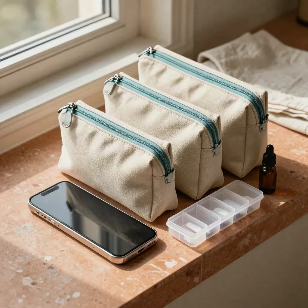 Pouches familiari, pilloliere e telefono su pietra calda in luce mattutina.