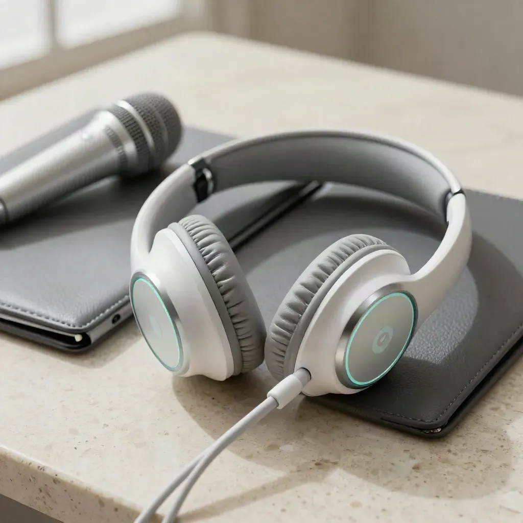 Set telemedicina con cuffia wireless, tablet chiuso e microfono su pietra chiara.