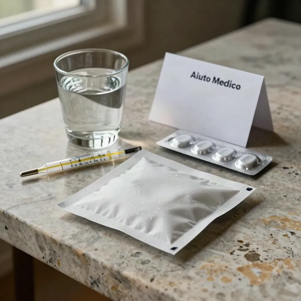 Kit per sollievo rapido a casa con ghiaccio, termometro, acqua e blister su tavolo in pietra