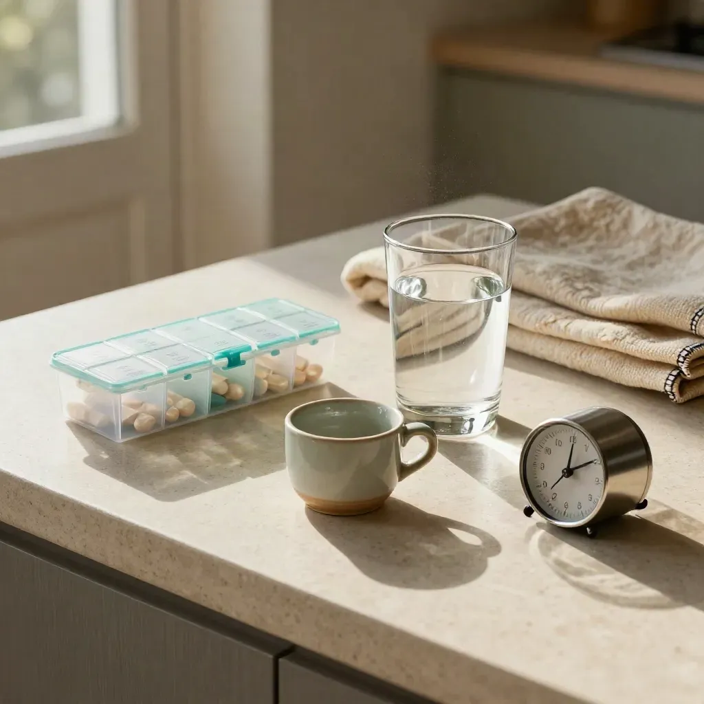Organizer pillole, bicchiere d’acqua, timer e coperta piegata su piano chiaro.