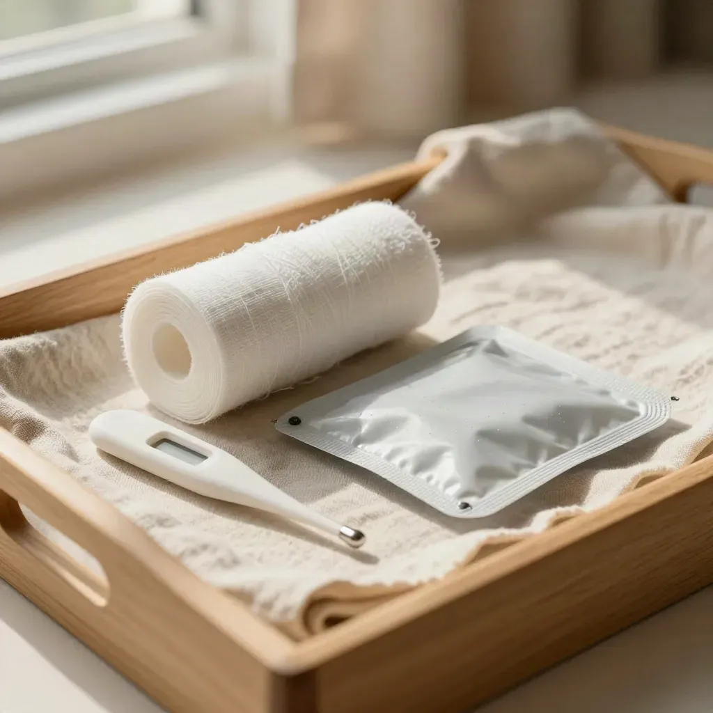 Kit home-care con garza, benda elastica, custodia termometro e impacco su lino.