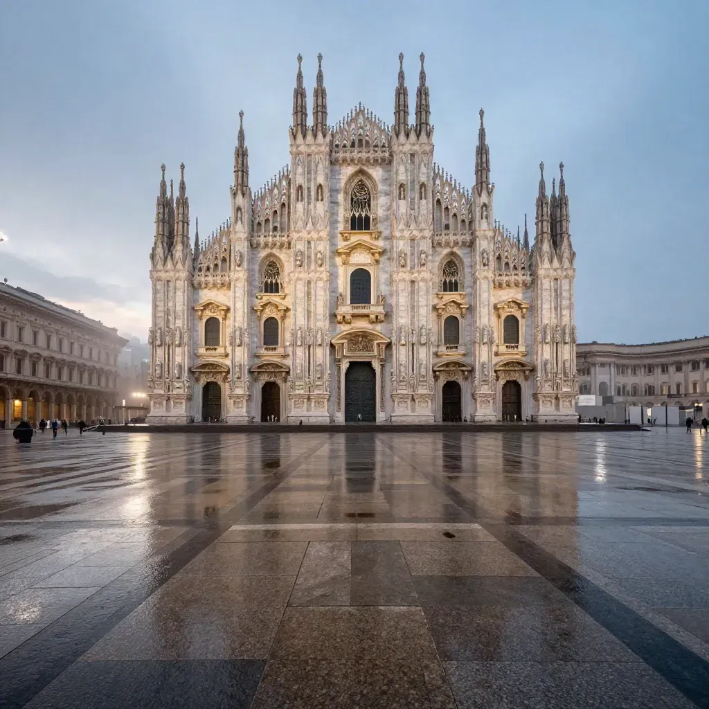 Panorama di Milano con guglie del Duomo sopra piazza bagnata al crepuscolo.
