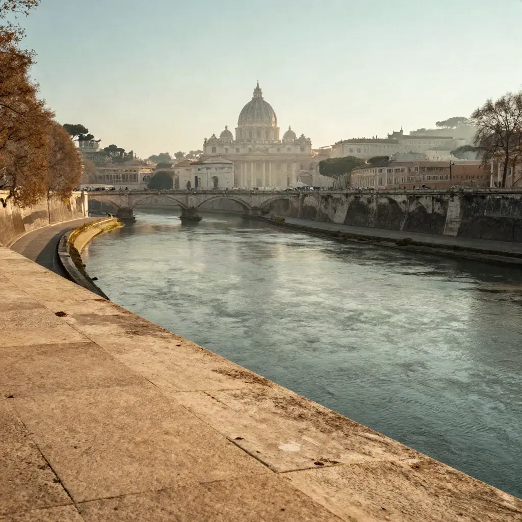 Roma all’alba con il Tevere in nebbia e una cupola lontana