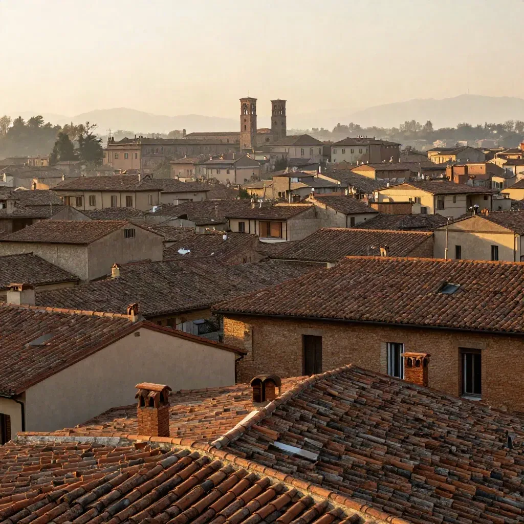 Tetti in cotto dell’Emilia-Romagna con le torri di Bologna in alto nella luce calda