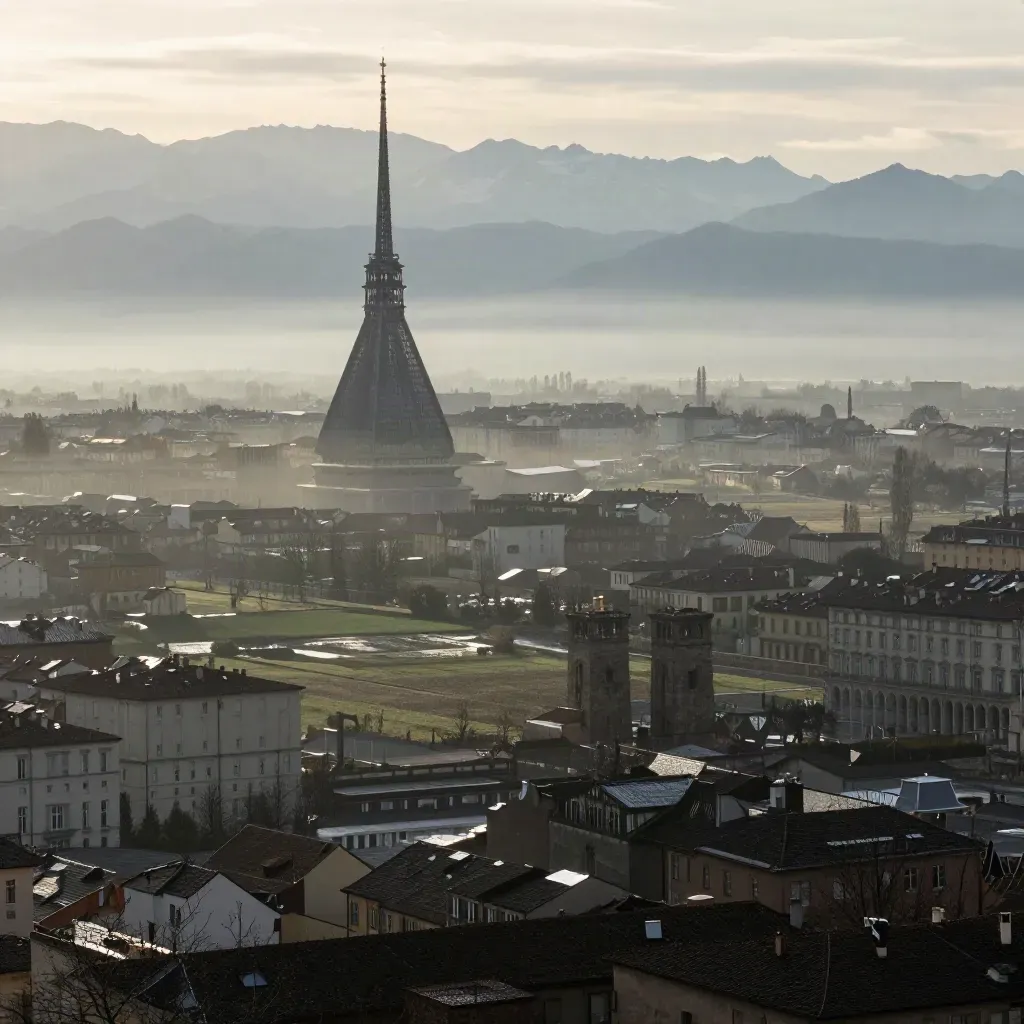 Panorama del Piemonte al tramonto con la Mole Antonelliana sopra la pianura post-pioggia.