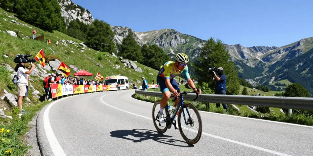 Notizie ciclismo: ciclista durante la Vuelta a España, paesaggio montano e pubblico entusiasta.